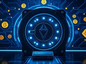 Illustration of a secure crypto wallet with digital vault and blockchain symbols, showing how to safely store your crypto in 2025.