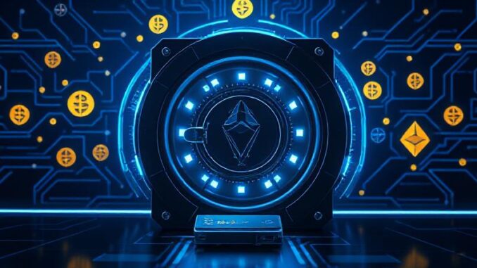 Illustration of a secure crypto wallet with digital vault and blockchain symbols, showing how to safely store your crypto in 2025.