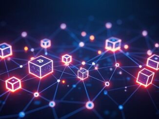 Visual representation of blockchain technology showing connected digital blocks and crypto network nodes for a beginner’s guide to what is blockchain.