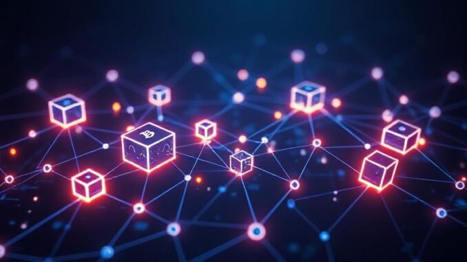 Visual representation of blockchain technology showing connected digital blocks and crypto network nodes for a beginner’s guide to what is blockchain.