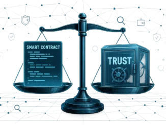 Illustration showing trust in DeFi protocols with blockchain code and transparency elements.