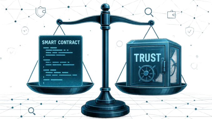 Illustration showing trust in DeFi protocols with blockchain code and transparency elements.
